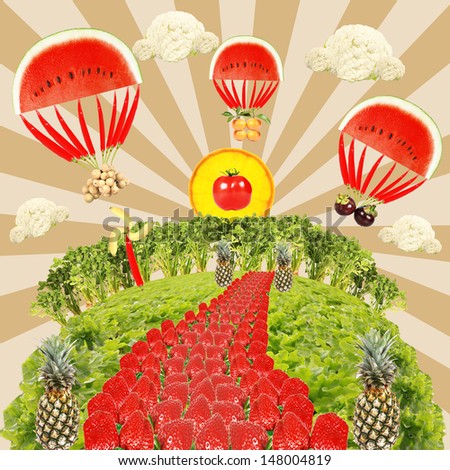 Shining summer balloons  background with fruits and vegetable.