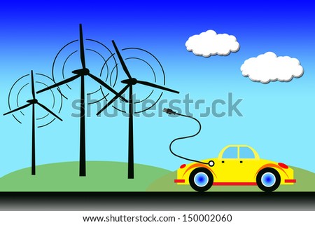 wind turbine generating electricity with car  on sun light  sky  background.