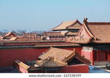 Temples of the Forbidden City in Beijing China during sunset .