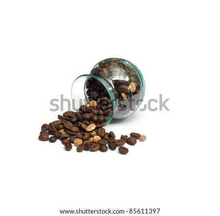 Coffee beans in and out of a little jar of glass