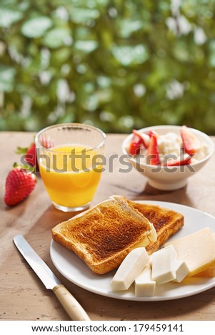 Bread toasts for breakfast in outdoor table