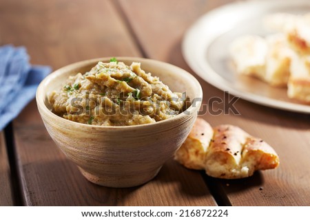Eggplant baba ganoush with flat bread and herbs Eggplant baba ganoush with flat bread and herbs
