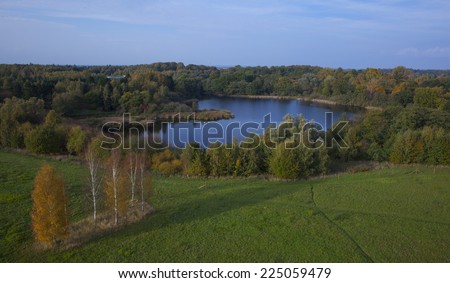 Aerial shot of small lakes in suburban area, Hoersholm, Denmark