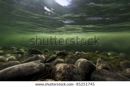 Clear water river and melting water river mixing under water, Sondrestrom (Kangerlussuaq), Greenland.