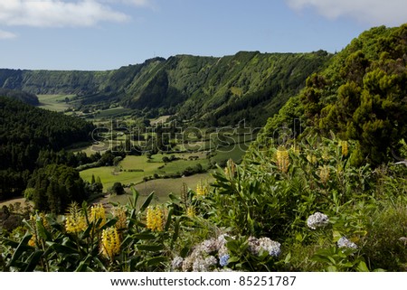 Massive and lush volcano crater with fields in the background and torch lilies and hydrangea in the foreground, Sao Miguel, Azores.
