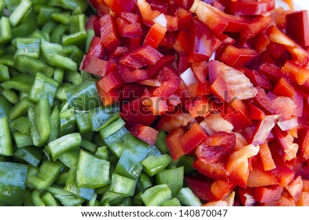 red and green peppers diced prepared for cooking