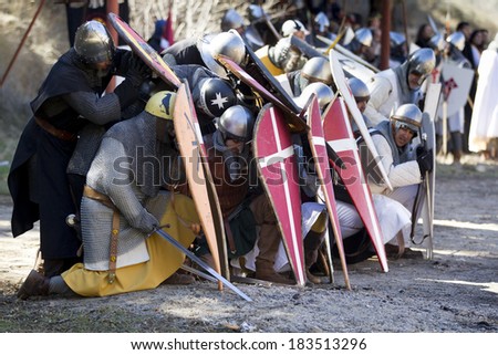 TERUEL, SPAIN - FEBRUARY 22: Unidentified participants during the representation of a medieval battle taking place within the party The Marriage of Isabel de Segura in Teruel every month in February.