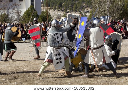 TERUEL, SPAIN - FEBRUARY 22: Unidentified participants during the representation of a medieval battle taking place within the party The Marriage of Isabel de Segura in Teruel every month in February.
