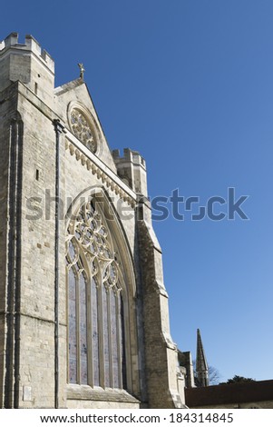 Chichester Cathedral showing the great arched window on the west walls