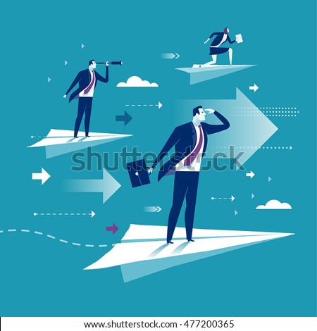 Flight. Business persons balancing on the paper airplanes. Business vector concept illustration