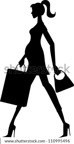 Clip art illustration of a silhouette of a skinny pregnant woman, with a pony tail,  carrying a shopping bag and a purse.