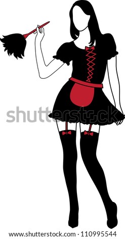 Clip art illustration of a silhouette of a sexy maid wearing a short dress holding a feather duster.