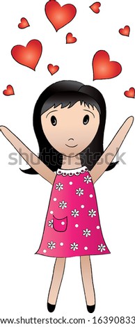 Clipart image of a cute little girl, with black hair, throwing hearts in the air above her head.