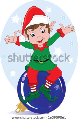 Clipart image of a cute little Christmas elf, sitting on an ornament, with snowflakes falling in the background.