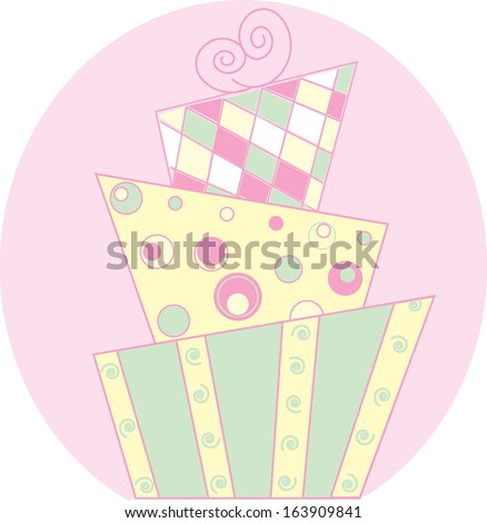 Clip art image of a white and pink cake shape decorated with flowers.