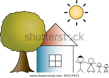 Clip art illustration of a simple house or cottage icon with a family of stick people.