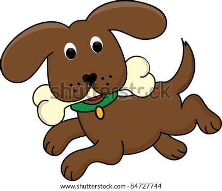 Clip art illustration of cute little dog running with a bone in his mouth.