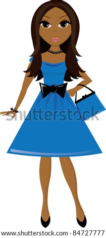 Clip art illustration of a young brown skinned women wearing a party dress.