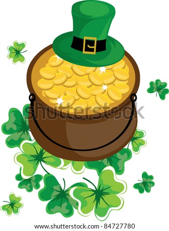 Clip art illustration of a pot of gold, with shamrocks and a leprechaun hat, at the end of a rainbow.