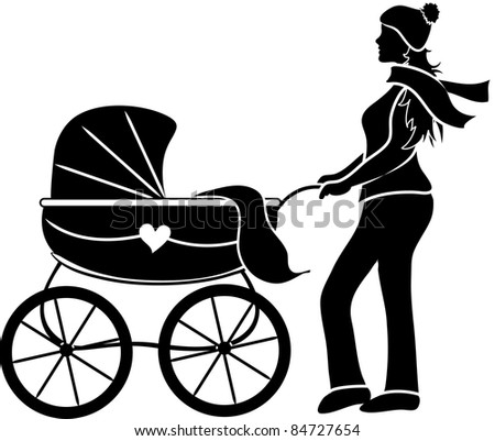 Clip art illustration of a young mother pushing a baby carriage silhouette.