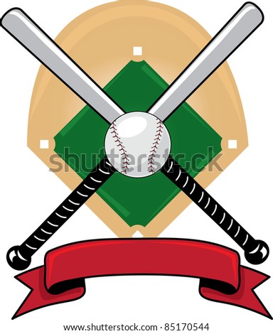 Clip art illustration of a  sports design with baseball bats, a ball and a banner over a baseball diamond.