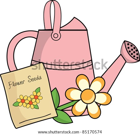 Clip art illustration of a packet of flower seeds, a daisy and a watering can.