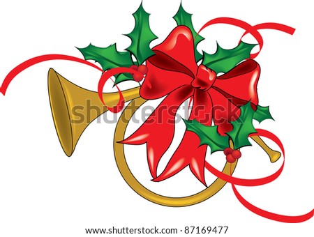 Clip Art Illustration of a French horn decorated with holly and ribbons.