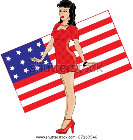 Clip art illustration of a 1940\'s pin up girl with the American flag in the background.