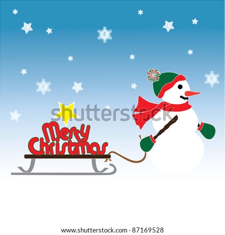 Clip art illustration of a snowman pulling a sled.