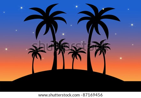 Clip art illustration of the silhouette of palm trees on a tropical island at sunset.