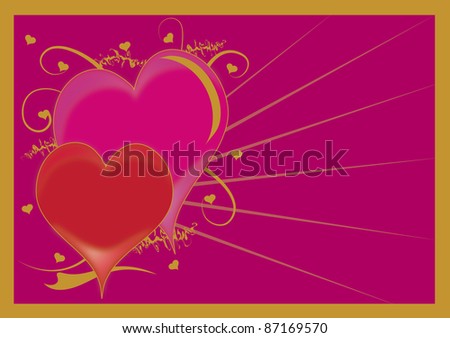 Clip art illustration of a Valentine card heart decorated with gold flourishes on a pink background.