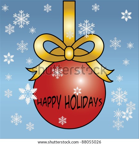 Clip art illustration of a Christmas bulb tied with a ribbon on a snowflake background.