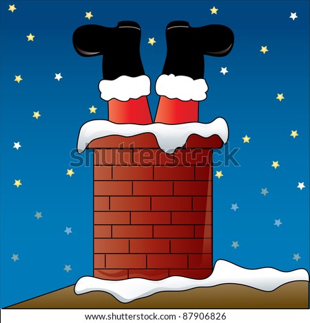 Clip art illustration of Santa Claus stuck upside down in a chimney.