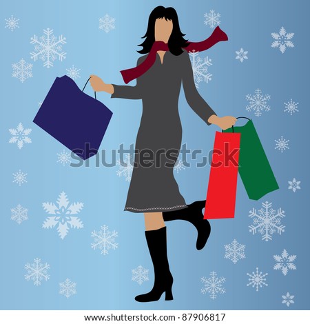 Clip art illustration of the silhouette of a woman holding shopping bags on a snowflake background.