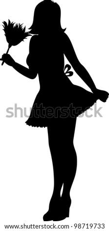 Clip art illustration of a sexy house maid in silhouette holding a feather duster.