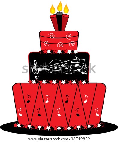 Clip art illustration of fondant covered, modern style layer cake from a bakery with musical notes decorations.