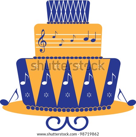 Clip art illustration of fondant covered, modern style layer cake from a bakery with musical notes decorations.