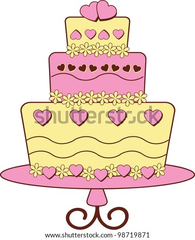 Clip art illustration of fondant covered, modern style layer cake from a bakery decorated with hearts.