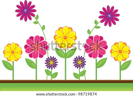 Clip art illustration of cute yellow, pink and purple flowers growing in the spring.