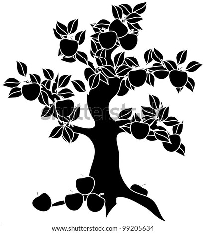 Black and White Clip Art Illustration of an apple tree.