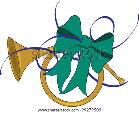 Clip Art Illustration of a French horn decorated with a bow.