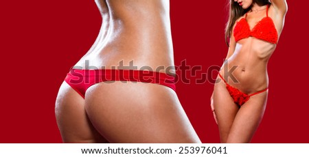 A fragment of woman body in red panties / Lingerie / Underwear/Woman body shape/Female body/Woman body