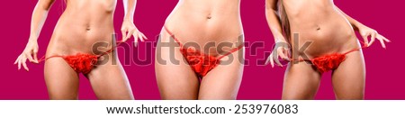 A three fragments of woman body in red panties / Lingerie / Underwear/Woman body shape/Female body/Woman body