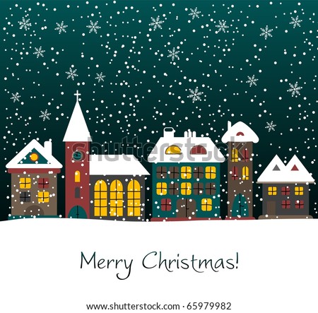 Christmas card with houses, vector