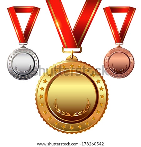 First place Second place.Third place Empty Award Medals Set isolated on white with red ribbons and stars Vector illustration First place Second place.Third place Empty Award Medals Set isolated on white with red ribbons and stars Vector illustration