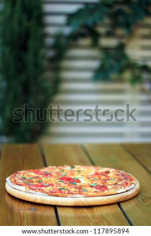 fresh pizza margarita on a wooden plate selective focus