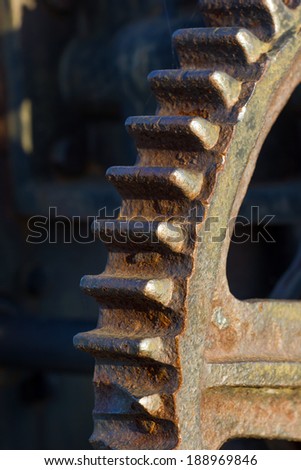 closeup of a gear from an old weight lift machine in the port