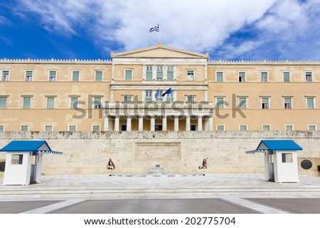 The Greek Presidential guard called Tsoliades dressed in traditional uniform at the monument of the unknown soldier in front of the Greek  parliament. May 11th 2014 Athens