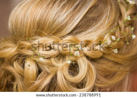 closeup of a bride\'s wedding hair style with flowers