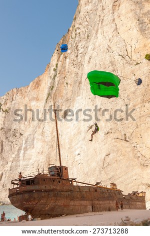 29th August 2015,base jump competition in the famous beach with old shipwreck in Zakynthos island, Greece